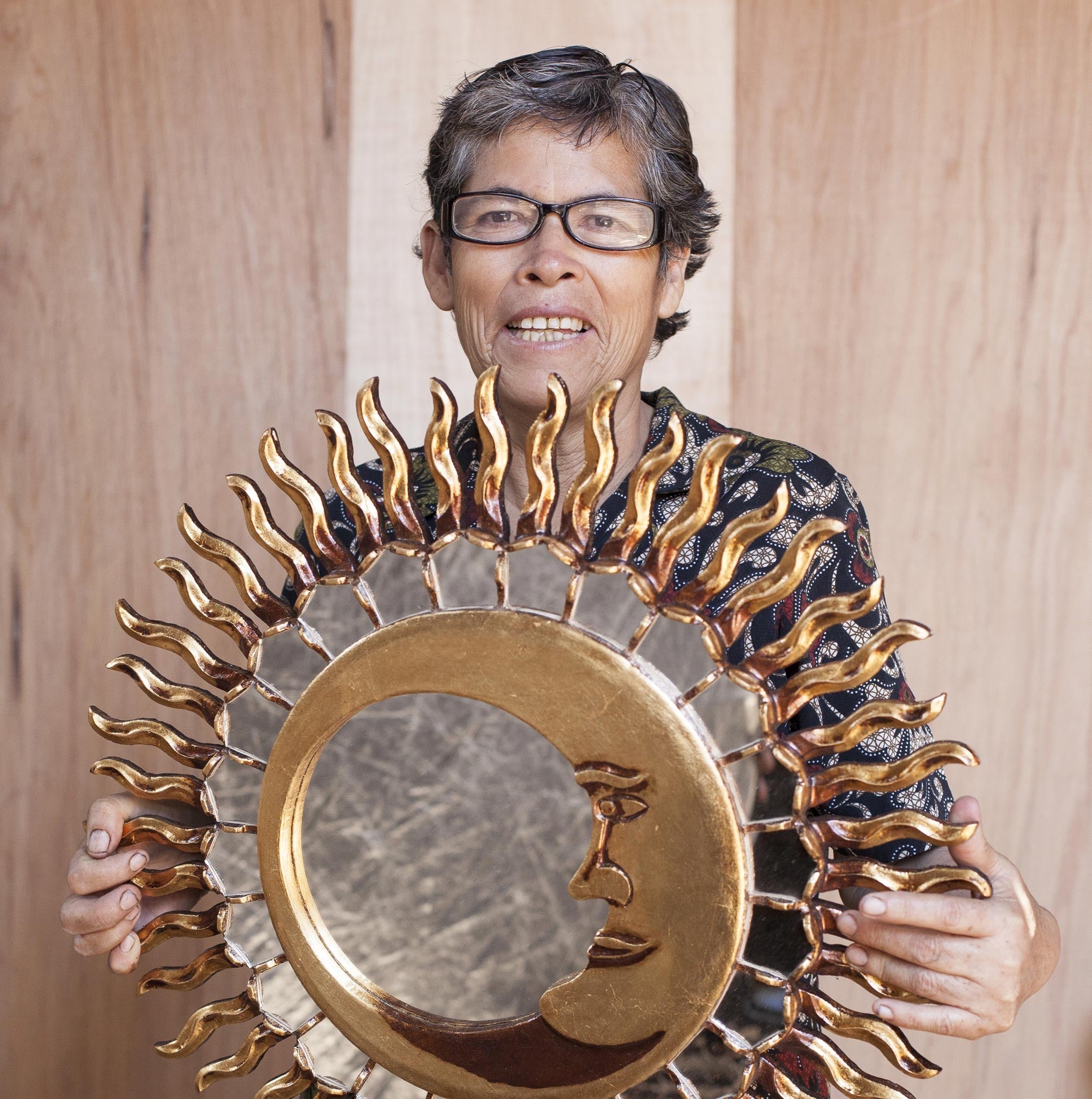 Sun-Themed Handcrafted Wood Wall Mirror with Aluminum Leaf - Sunny Reflection