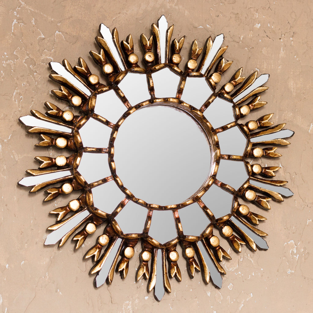 Handmade Bronze Gilded Wood Wall Mirror from Peru - Shiny Sun