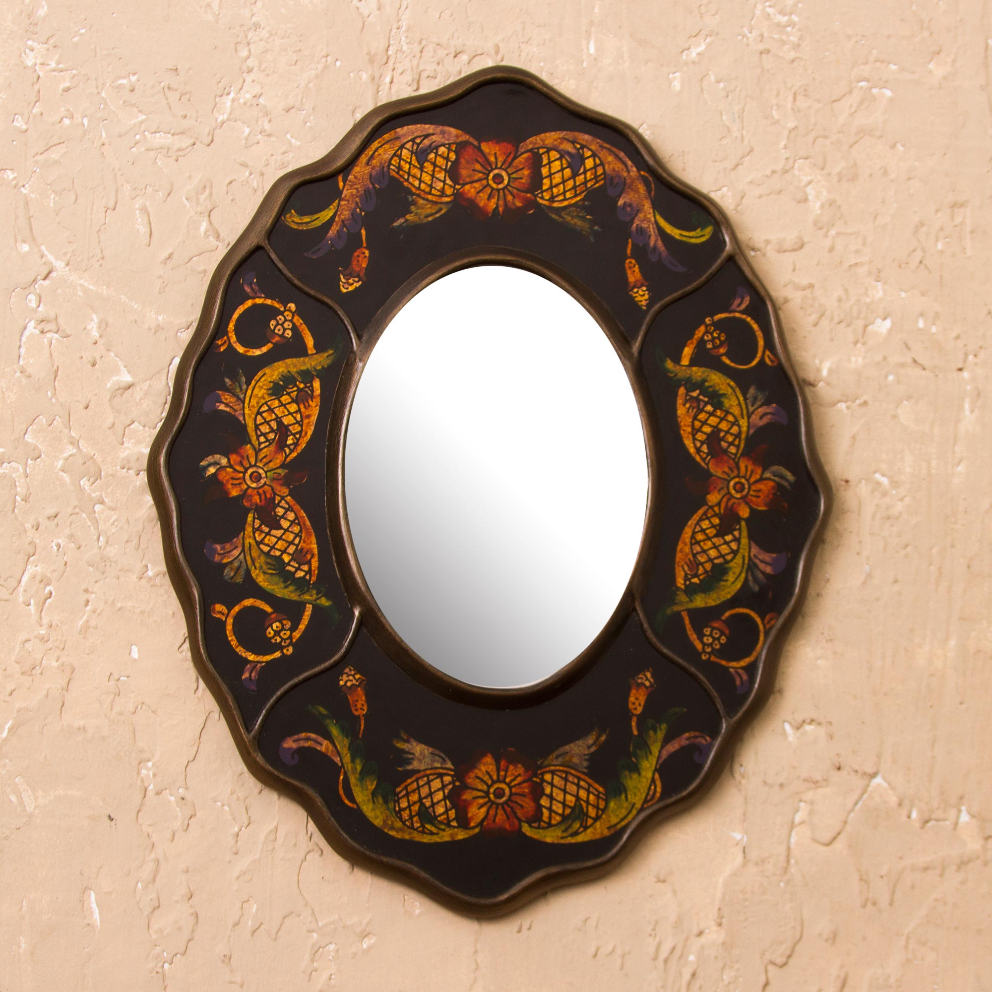 Black Floral Reverse-Painted Glass Wall Mirror from Peru - Black Colonial Wreath