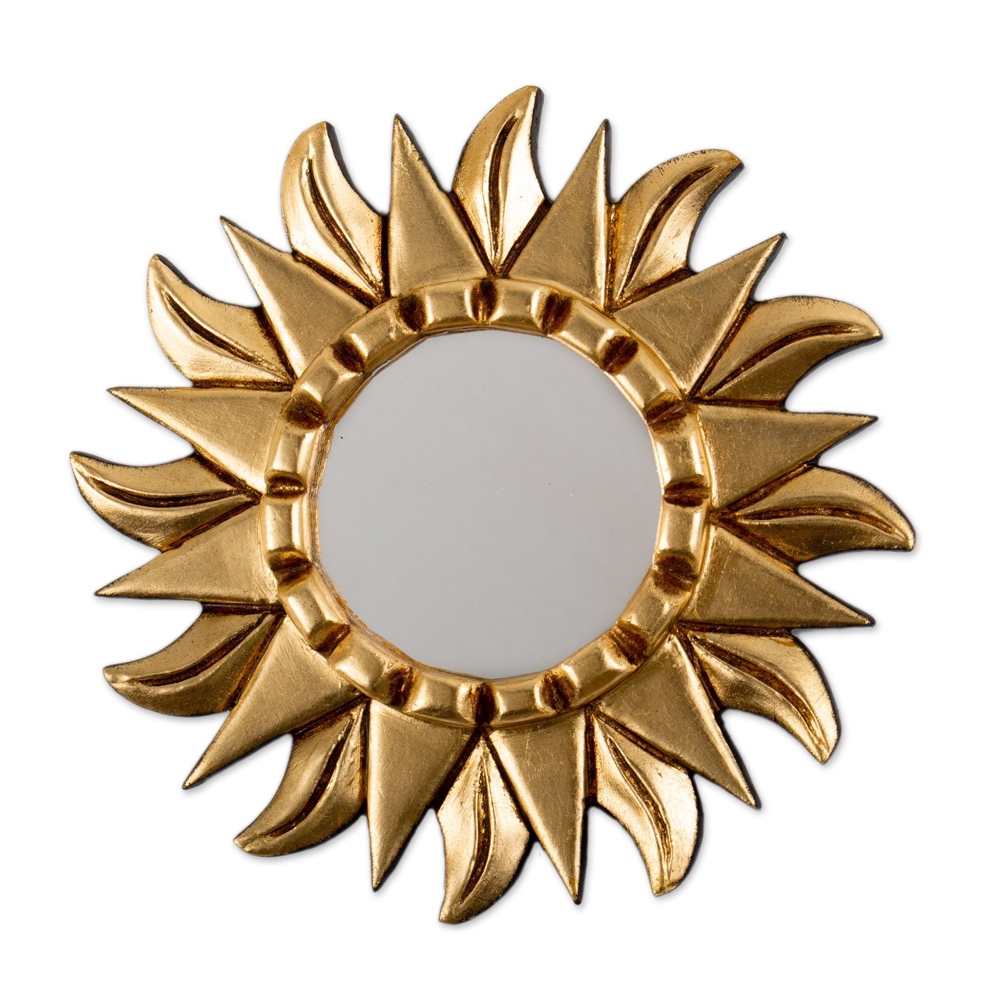 Antiqued Round Bronze Gilded Wood Wall Mirror with Sun Motif - Bright Sun