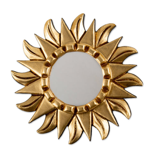 Antiqued Round Bronze Gilded Wood Wall Mirror with Sun Motif - Bright Sun