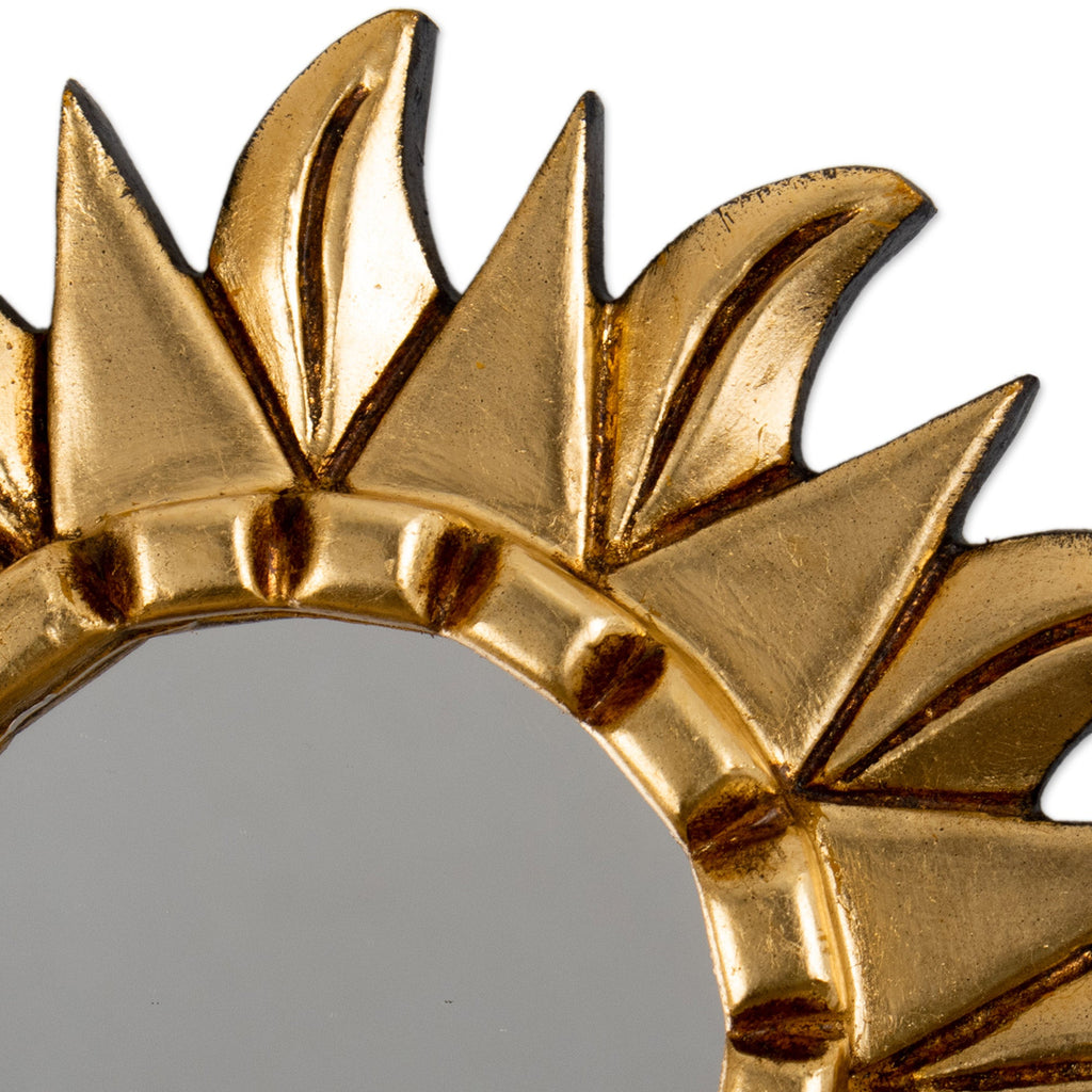 Antiqued Round Bronze Gilded Wood Wall Mirror with Sun Motif - Bright Sun