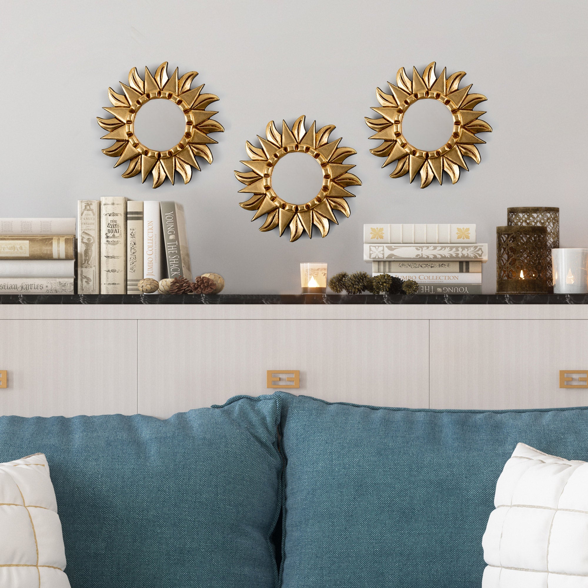 Antiqued Round Bronze Gilded Wood Wall Mirror with Sun Motif - Bright Sun