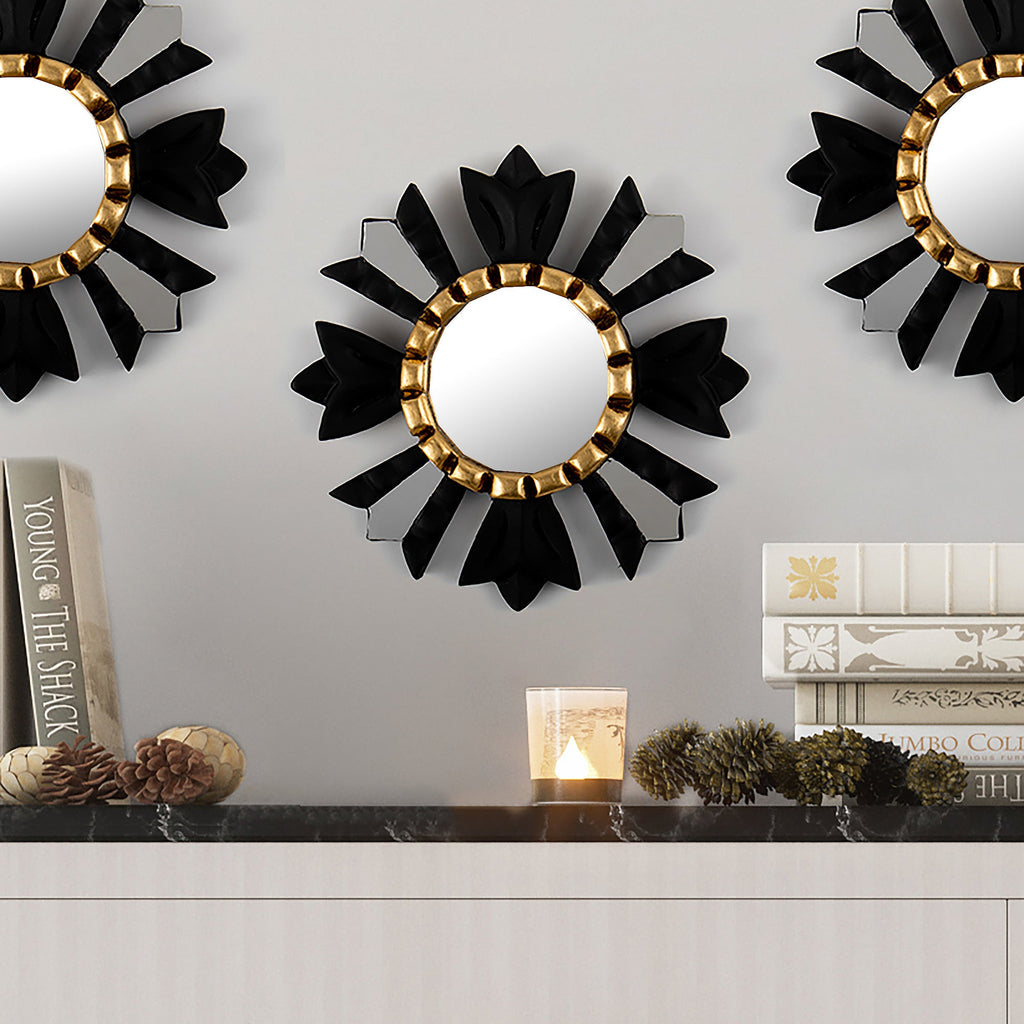 Sun-Themed Black Bronze Gilded Wood Wall Accent Mirror - Wisdom Beams