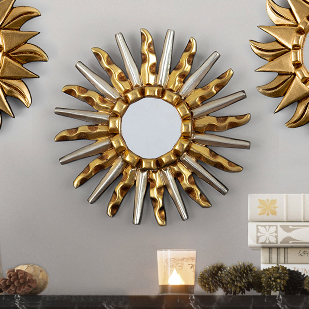 Gilded Bronze and Aluminum Wood Sun-Themed Wall Mirror - Gold & Silver Sun