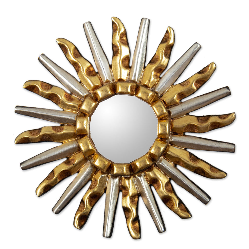 Gilded Bronze and Aluminum Wood Sun-Themed Wall Mirror - Gold & Silver Sun
