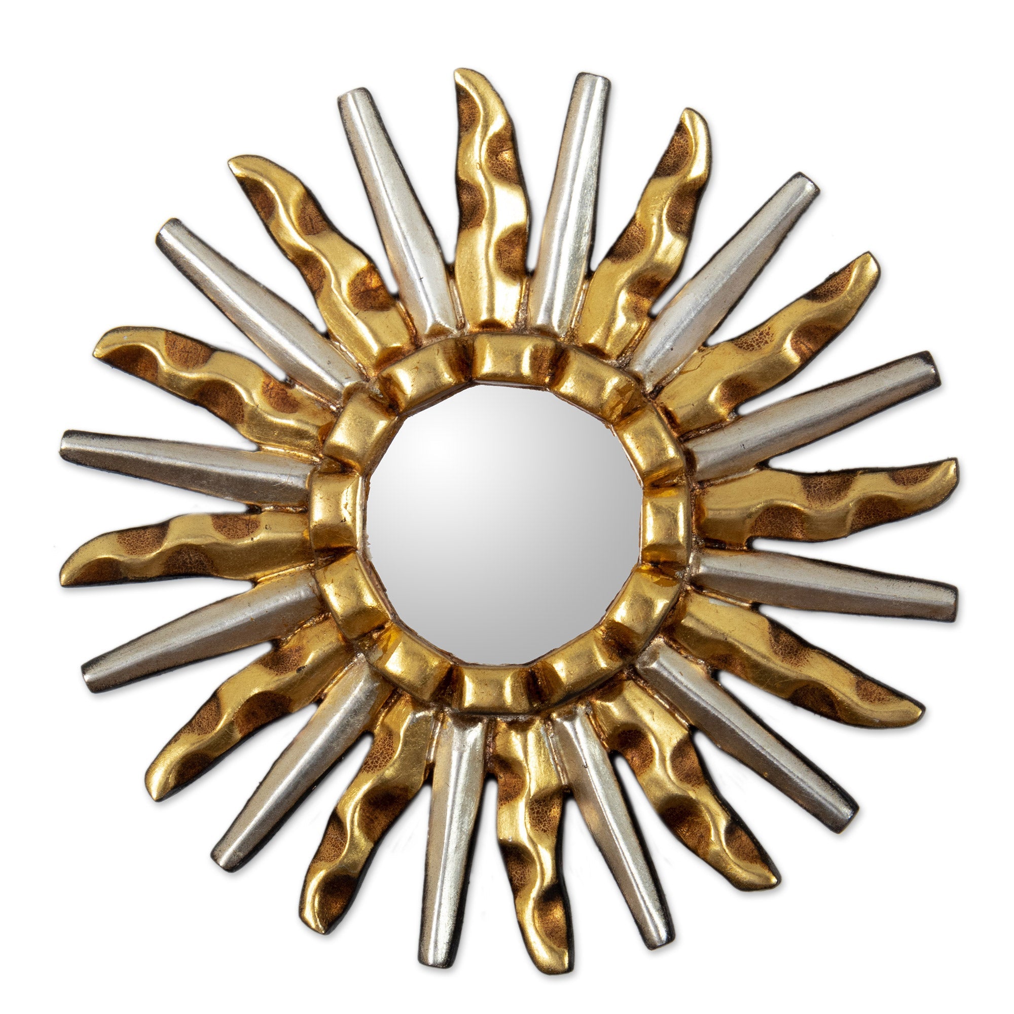 Gilded Bronze and Aluminum Wood Sun-Themed Wall Mirror - Gold & Silver Sun