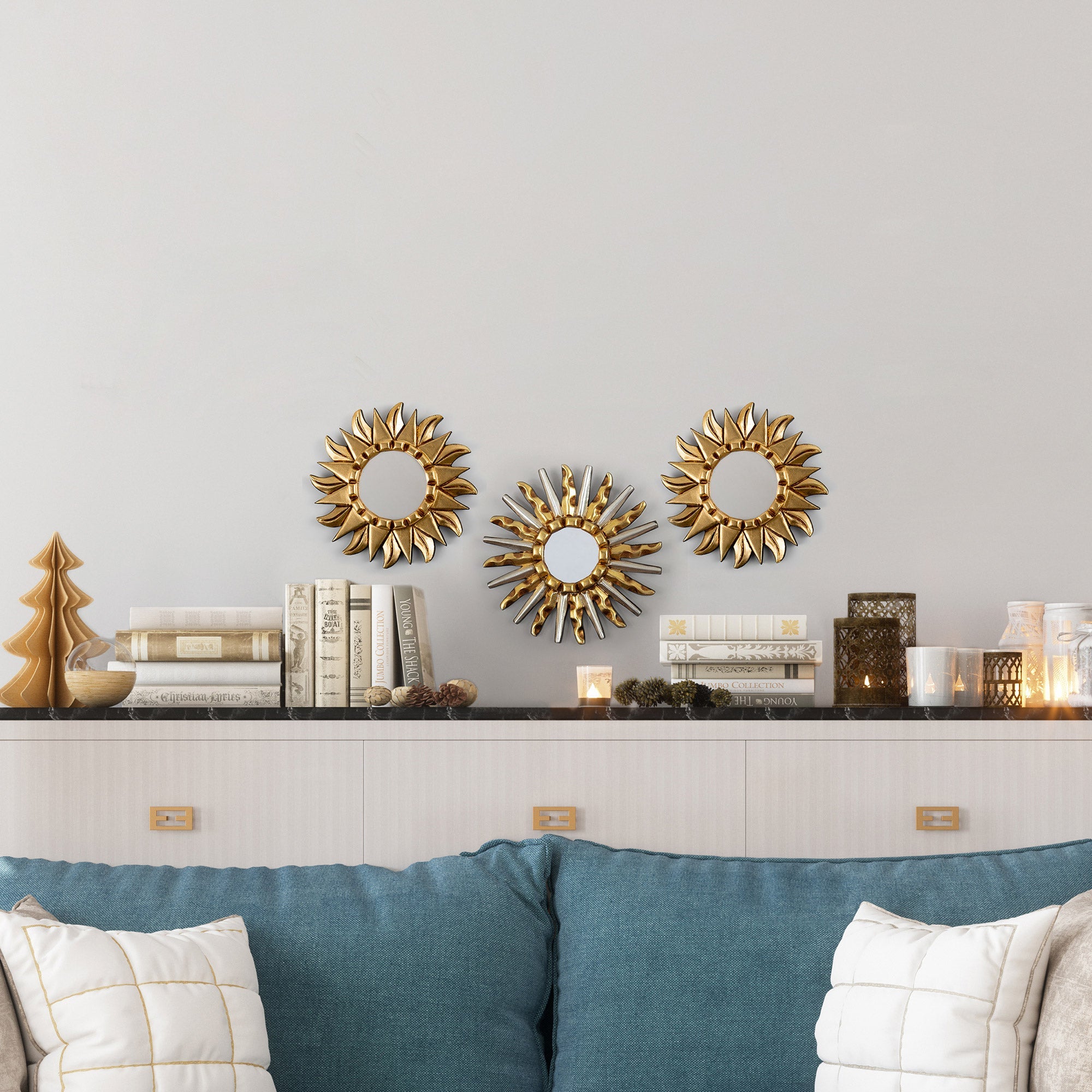 Gilded Bronze and Aluminum Wood Sun-Themed Wall Mirror - Gold & Silver Sun