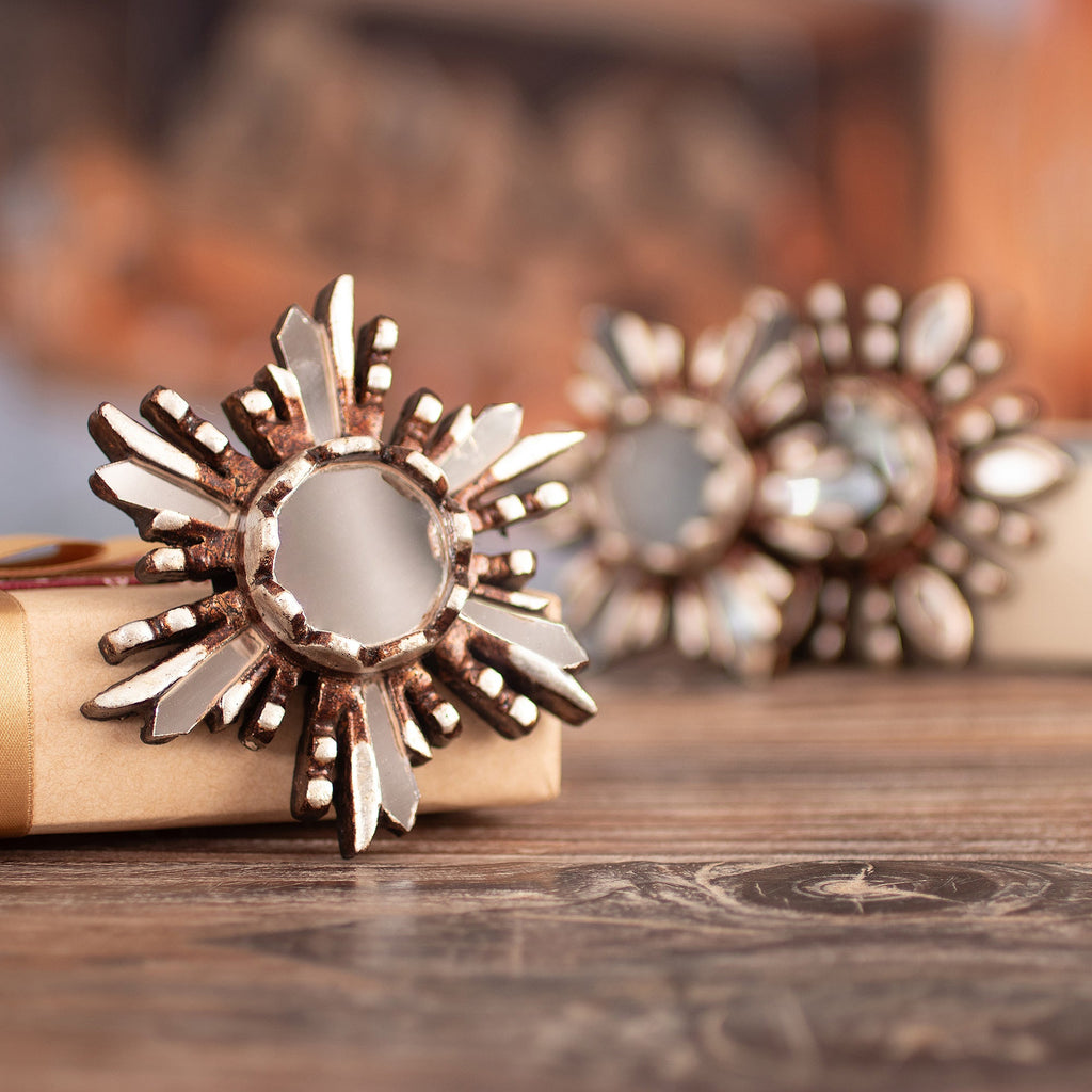 Sun-Themed Handcrafted Wood Wall Mirror with Aluminum Leaf - Sunny Reflection